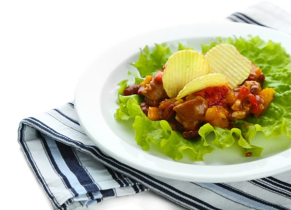 Chili Corn Carne - traditional mexican food, on white plate, on napkin, isolated on white — Stock Photo, Image