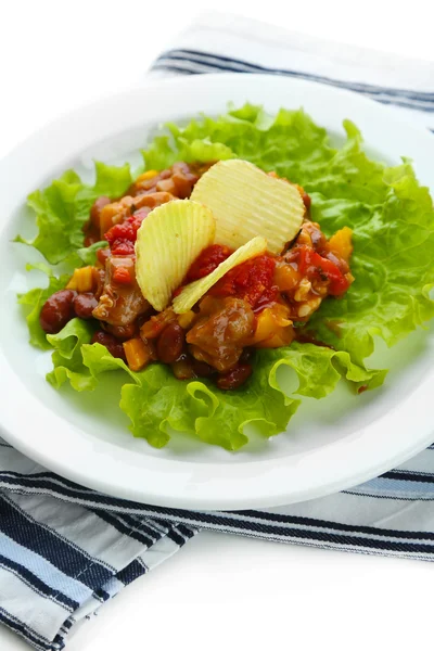 Chili Corn Carne - traditional mexican food, on white plate, on napkin, close up — Stock Photo, Image