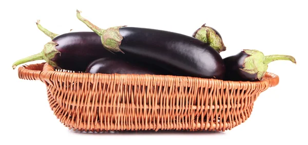 Fresh eggplants in wicker basket isolated on white — Stock Photo, Image