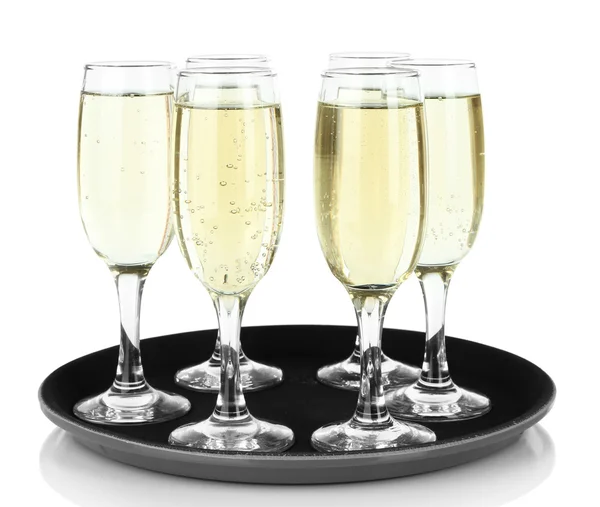 Many glasses of champagne on the tray, isolated on white — Stock Photo, Image