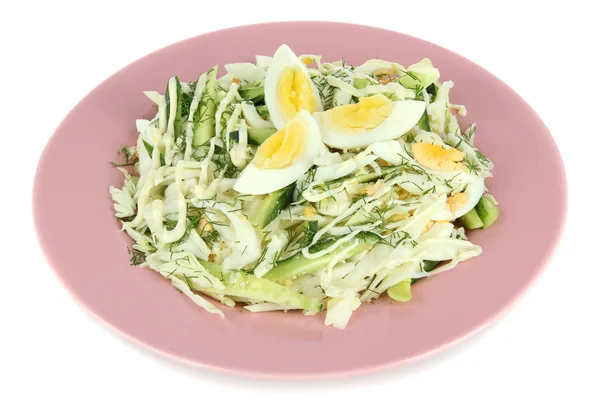 Delicious salad with eggs, cabbage and cucumbers, isolated on white — Stock Photo, Image