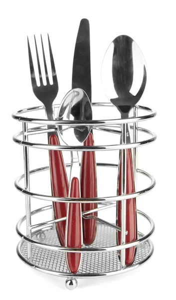 Knife, fork and spoons in metal stand isolated on white — Stock Photo, Image