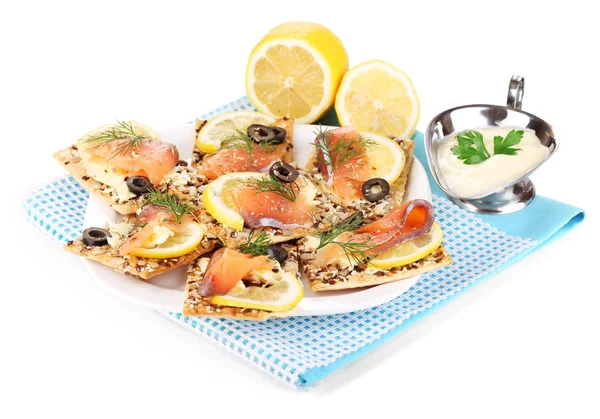 Zalm broodjes op plaat geïsoleerd op wit — Stockfoto