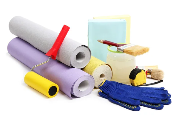 Wallpaper and accessories for glue wallpaper, isolated on white — Stock Image Wallpaper and accessories for glue wallpaper, isolated on white Royalty Free Stock Photos