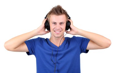 yakışıklı genç adam beyaz izole müzik dinlemek