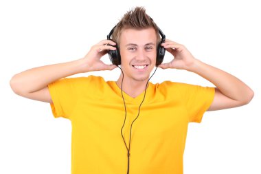 yakışıklı genç adam beyaz izole müzik dinlemek