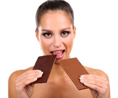 izole üzerine beyaz çikolata ile güzel genç kız portresi