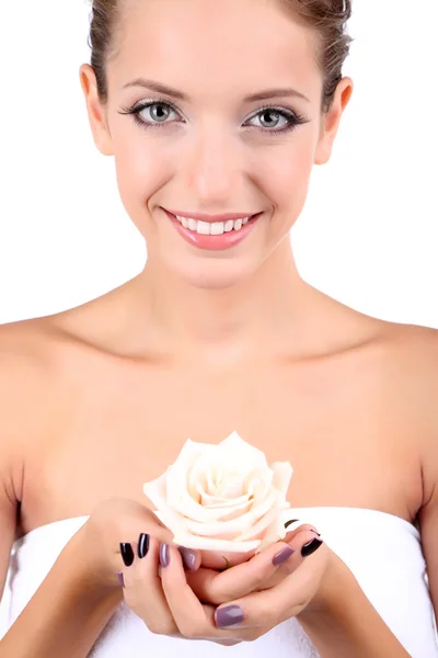 白で隔離されるバラはクローズ アップで美しい少女 — ストック写真