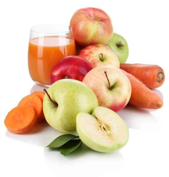 Sweet apples, juice and carrots isolated on white — Stock Photo, Image