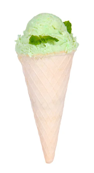 Appetizing green ice cream with mint in waffle cone isolated on white — Stock Photo, Image