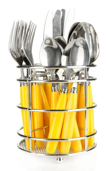 Messen, vorken en lepels in metalen stand geïsoleerd op wit — Stockfoto