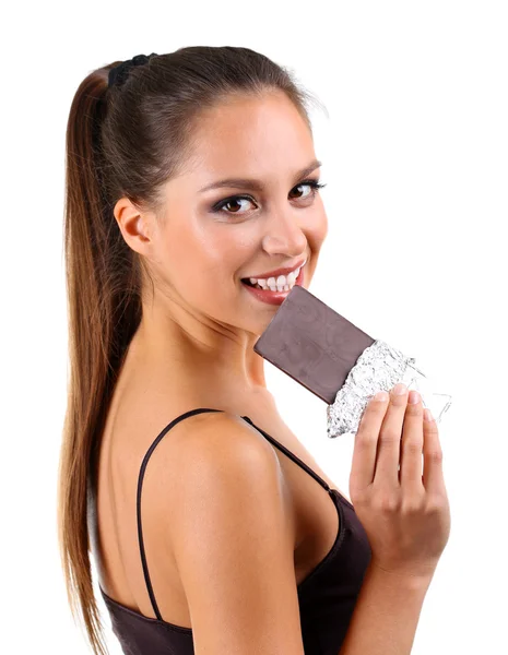 Portret van mooie jonge meisje met chocolade op wit wordt geïsoleerd — Stockfoto