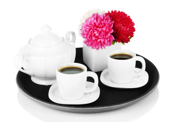 Cups of coffee on tray isolated on white — Stock Photo, Image