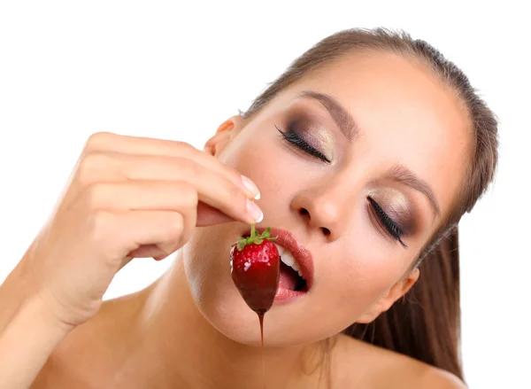 Portrait of beautiful young girl with strawberry in chocolate close up — Stock Photo, Image