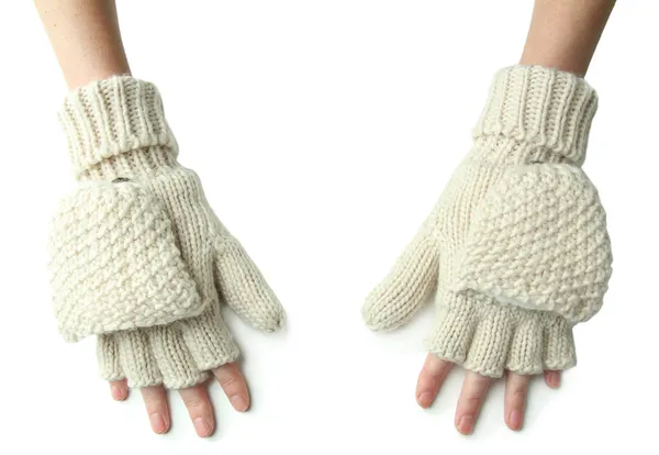 Mani in lana guanti senza dita, isolati su bianco — Foto Stock