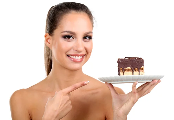 Portrait de belle jeune fille avec cupcake au chocolat isolé sur blanc — Photo