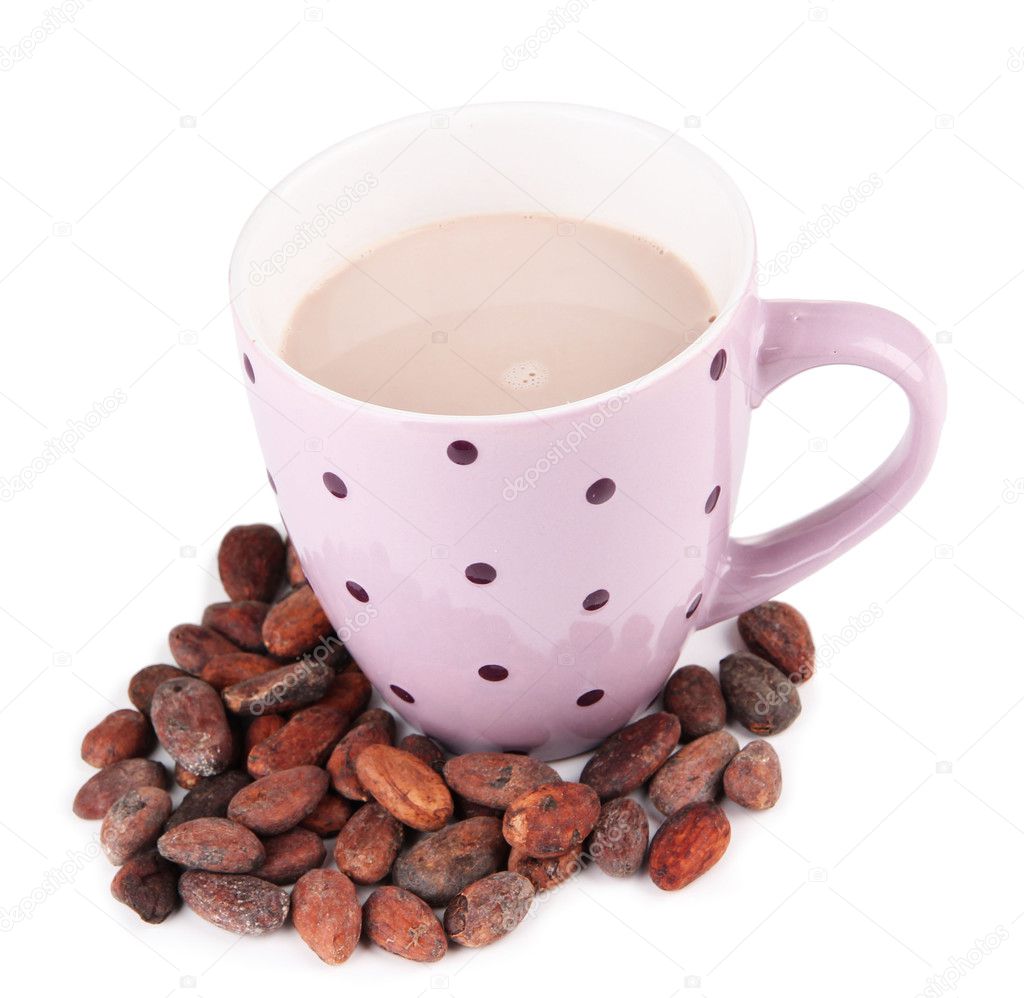 Cocoa drink and cocoa beans isolated on white