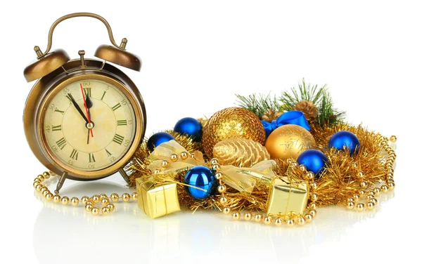 Composition of clock and christmas decorations isolated on white — Stock Photo, Image