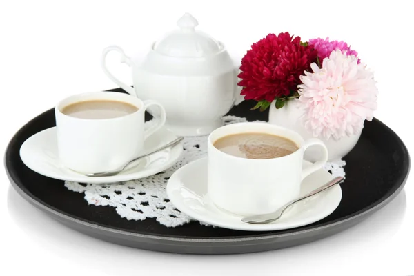 Tazas de café en bandeja aislada en blanco —  Fotos de Stock