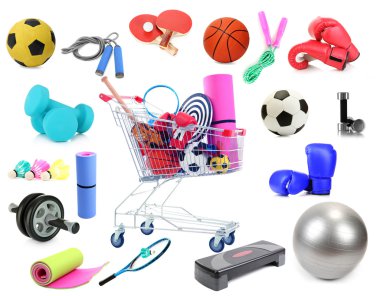 spor ekipmanları kolaj üzerinde beyaz izole