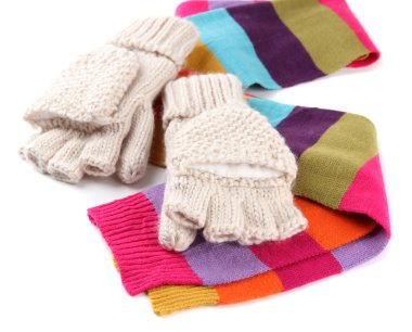 Wool fingerless gloves and multicolor scarf, isolated on white clipart