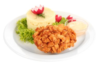 tavuk kiev üzerinde kruton üzerinde beyaz izole patates püresi ile