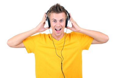 yakışıklı genç adam beyaz izole müzik dinlemek