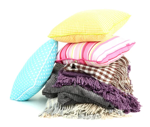 Plaids and color pillows, isolated on white — Stock Photo, Image