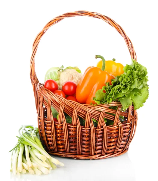 Fresh vegetables in wicker basket isolated on white — Stock Photo, Image