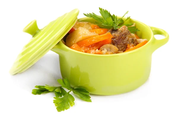 Hembakat Nöt stek med grönsaker i färg pan, isolerad på vit — Stockfoto