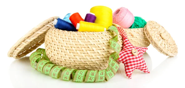 Wicker basket with accessories for needlework isolated on white — Stock Photo, Image