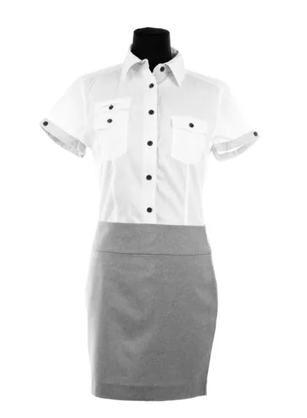 Nice blouse and gray skirt on mannequin, isolated on white — Stock Photo, Image