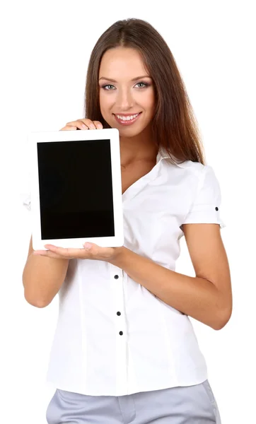Молодая красивая деловая женщина с планшетом изолированы на белом — стоковое фото