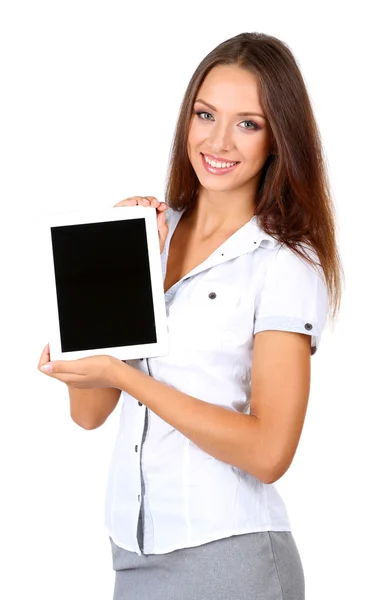 Genç güzel iş kadını ile üzerine beyaz izole tablet — Stok fotoğraf