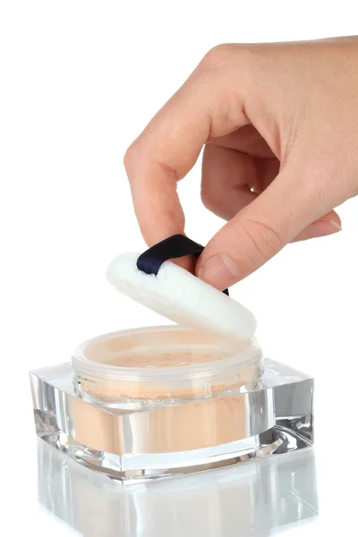 Esponja para maquillaje con polvo en mano, aislada en blanco —  Fotos de Stock