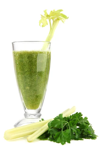Glass of green vegetable juice and celery isolated on white — Stock Photo, Image