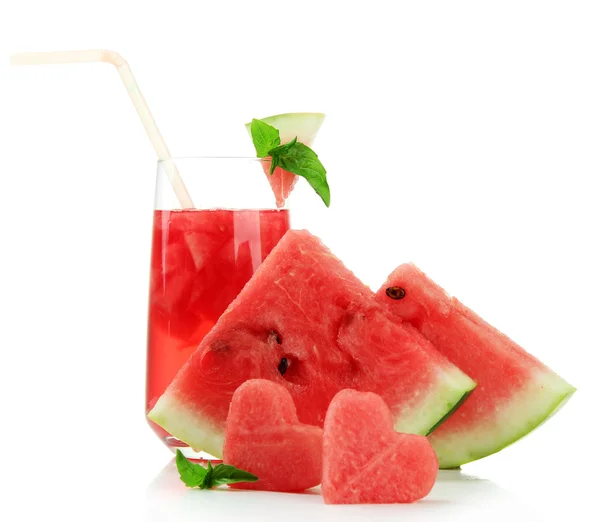 Fresh watermelon and glass of watermelon juice isolated on white — Stock Photo, Image