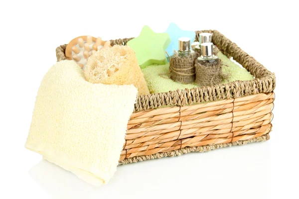 Set for spa in wicker basket, isolated on white — Stock Photo, Image