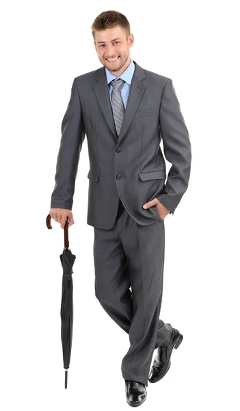 Бизнесмен с зонтиком, изолированный на белом — стоковое фото