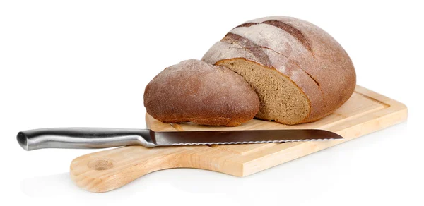 Cut bread on wooden board isolated on white — Stock Photo, Image