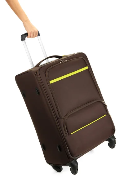 白で隔離される手のスーツケース — ストック写真