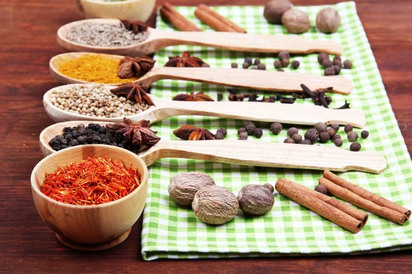 Various spices and herbs on table close up — Stock Photo, Image