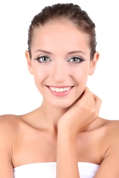 Hermosa chica con la piel brillante primer plano aislado en blanco —  Fotos de Stock