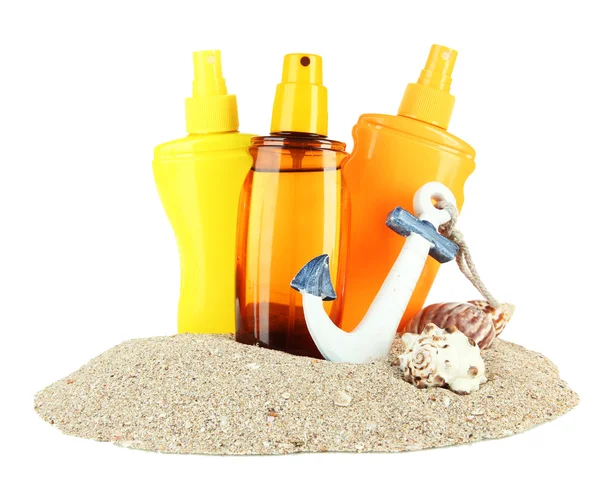 Bottles with suntan cream, isolated on white — Stock Photo, Image