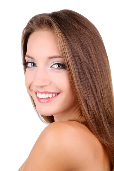 Piękna dziewczyna z delikatny makijaż i świecącą skórę makro na białym tle — Zdjęcie stockowe