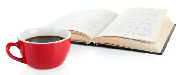 Taza de café y libro interesante aislado en blanco — Foto de Stock