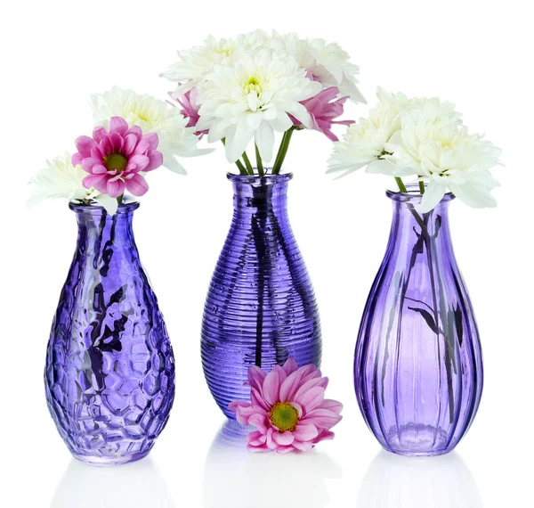 Beautiful flowers in vases isolated on white — Stock Photo, Image