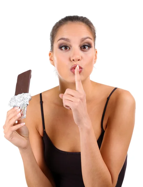 Retrato de hermosa joven con chocolate aislado en blanco — Foto de Stock