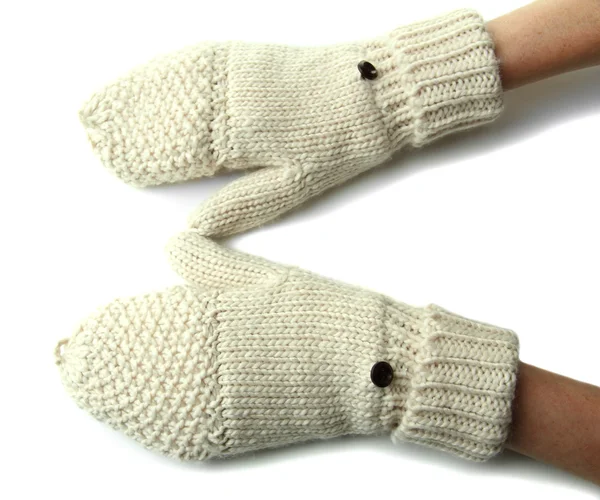 Mãos em luvas de lã, isoladas sobre branco — Fotografia de Stock