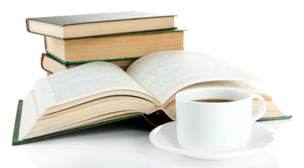 Xícara de café e livros isolados em branco — Fotografia de Stock